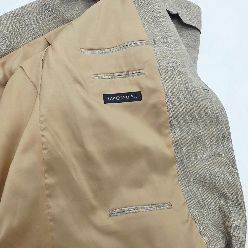 Jos. A. Bank Mens 50R Travelers Silk/Wool Tan Plaid Two Button Blazer Sport Coat